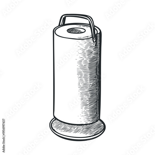 Paper towel roll on a stand kitchen essential item for cleaning and hygiene, depicted in a classic hand-drawn sketch style with intricate line art.