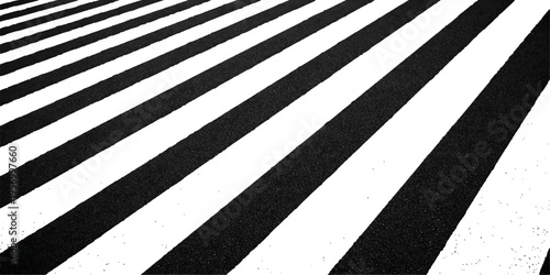 An abstract urban pattern of black and white stripes creates a zebra crossing texture on the gray asphalt pavement of a city street lane