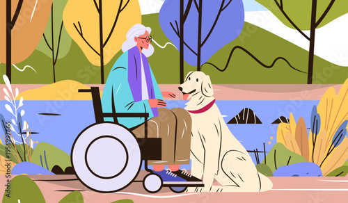 Senior woman wheelchair dog companionship outdoor park autumn colorful trees nature landscape flat design