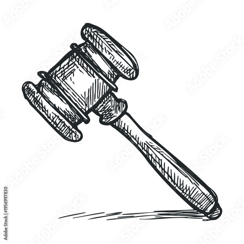Wooden judge's gavel, hand-drawn sketch illustration, symbolizing justice, law, and legal proceedings, often used in courtrooms and auctions.