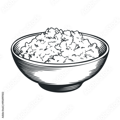 Bowl of cottage cheese in vintage hand-drawn style depicting a healthy dairy product often enjoyed for breakfast or as a nutritious snack.