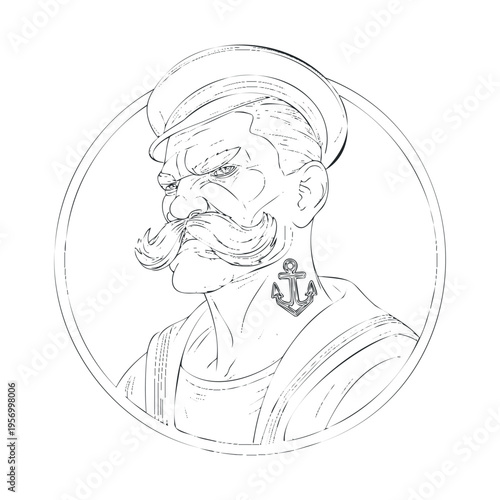 Sailor man character with a stern expression, wearing a captain's hat and featuring a prominent mustache, along with an anchor tattoo on his neck, presented in a vintage line art style.