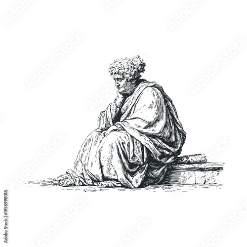 Ancient classical figure sits thoughtfully, draped in flowing robes, contemplating profound ideas and historical wisdom in an engraved style.