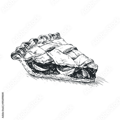 This hand-drawn slice of pie features a classic lattice crust design, showcasing the rich filling within, perfect for a rustic dessert illustration.