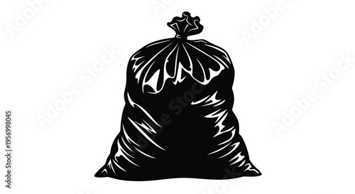 Full black bag overflowing and tied depicted in stark silhouette