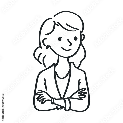 Smiling young businesswoman with crossed arms standing confidently, portraying a friendly and approachable professional demeanor in a simple line art illustration.