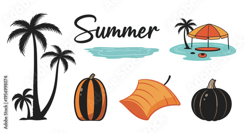 Summer beach scene with palm trees pumpkins and a parasol silhouette