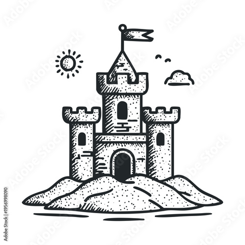 Charming sandcastle stands proudly on the sandy beach under a bright sun, featuring a flag and intricate details in a vintage sketch style.