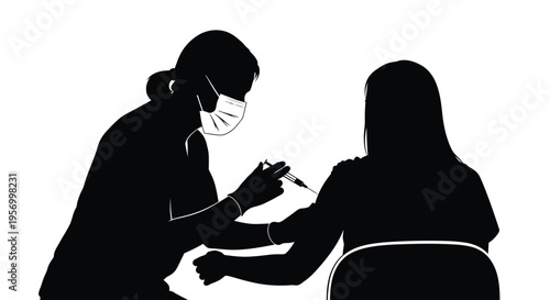 Healthcare worker administering a vaccine to a patient black silhouette