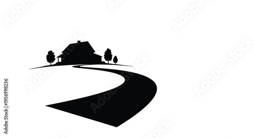A winding driveway leads to a house on a hill black silhouette