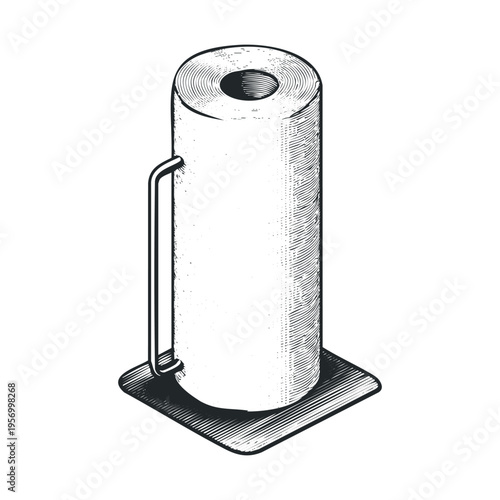 Paper towel roll on a kitchen stand, meticulously illustrated in a classic vintage engraving style, symbolizing cleanliness and household utility.