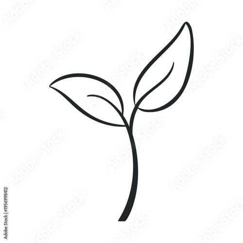 Minimalist plant sprout illustration with two delicate leaves symbolizes new beginnings, growth, and environmental sustainability in a simple, elegant style.