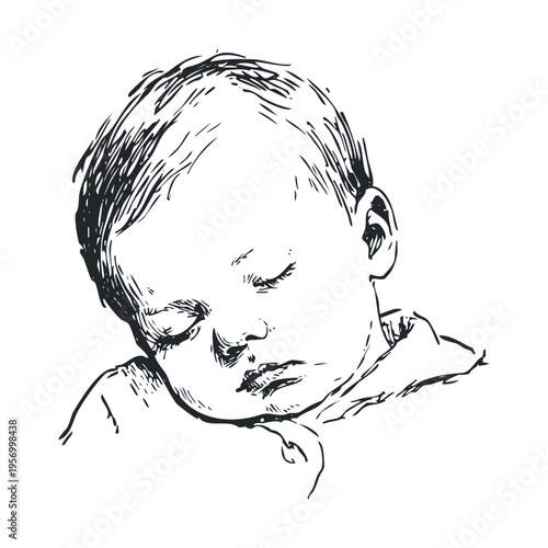 Peaceful sleeping baby's head is gently resting in a serene hand-drawn sketch, capturing the innocence and tranquility of early childhood.