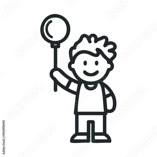Little boy holding a round balloon happily smiling with a cheerful expression, celebrating childhood joy and innocence in a simple line art illustration.