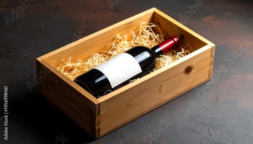 Wooden Crate with Red Wine Bottle and Blank Label.