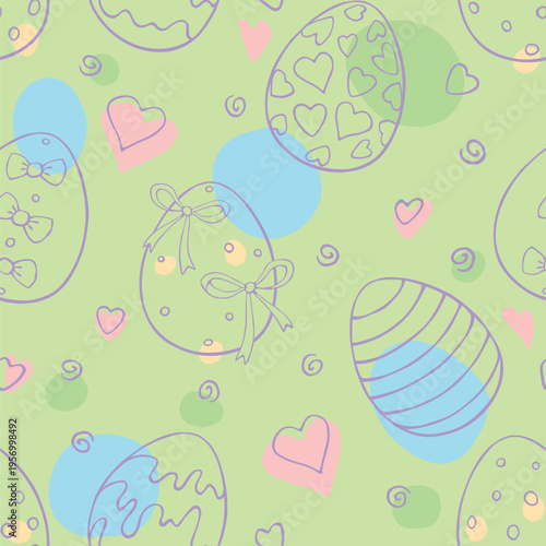 Vector abstract seamless pattern with colorful Easter eggs, hearts, points spots, stains. Spring hand drawn doodle, holiday tradition backgrounds and textures with decorative elements
