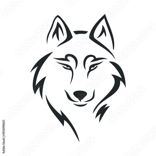 Stylized black outline wolf head illustration featuring a majestic animal with sharp, angular lines, conveying strength and the wild spirit of nature in a minimalist graphic design.
