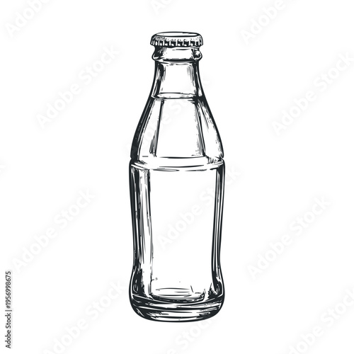 Glass bottle with a metal cap is depicted in a detailed hand-drawn sketch style, perfect for vintage beverage designs and packaging illustrations.