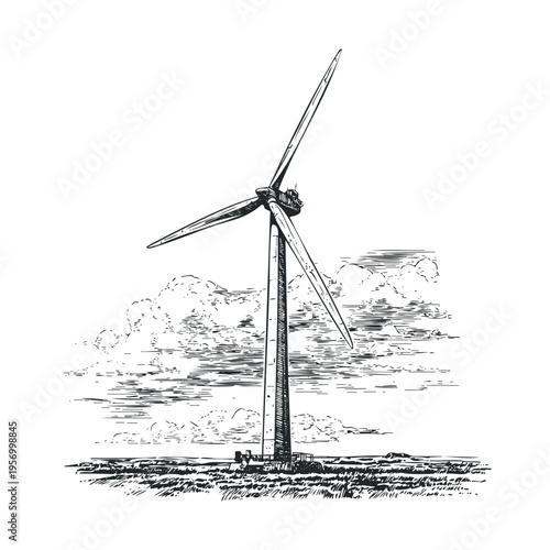 Large wind turbine stands tall in a field, generating clean energy with its rotating blades under a cloudy sky, depicted in a classic hand-drawn sketch style.