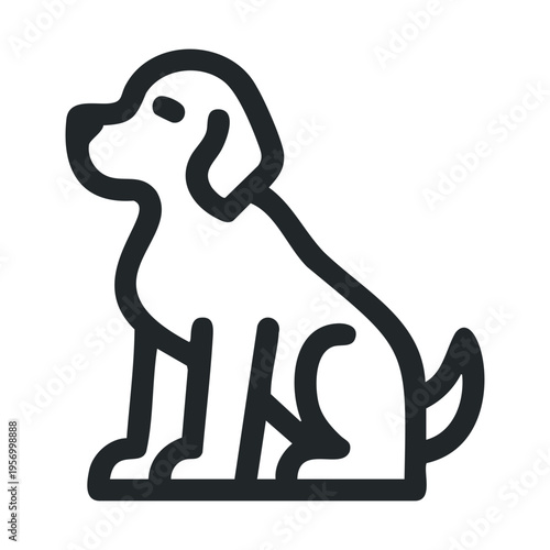 Simple black outline icon of a dog sitting patiently, representing pets, companionship, and animal care with a clean, modern vector design.