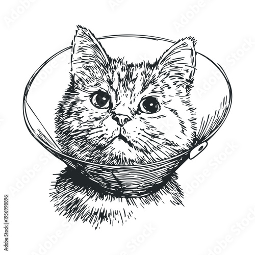 Domestic cat wearing a protective medical collar, depicted in a detailed black and white hand-drawn sketch style, showcasing its expressive eyes and furry face.