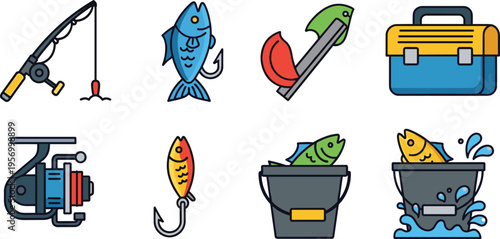 Fishing Equipment and Angling Icon Set with Rod Reel Hooks Lures Bucket Fish and Tackle Box Vector Illustration Isolated on White Background