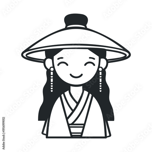 Asian woman character wearing traditional conical hat with a joyful expression, depicted in a charming black and white flat vector illustration style.