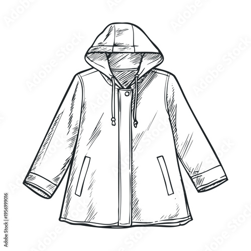 Hooded raincoat sketch illustration, a versatile outerwear garment providing essential protection from wet weather and various outdoor elements.