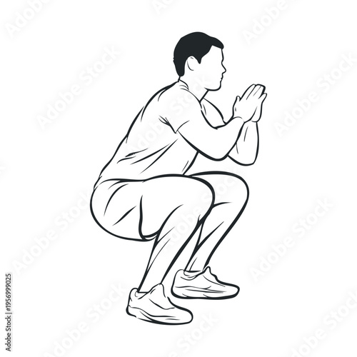Man performing a deep bodyweight squat exercise, an essential movement for building lower body strength and improving overall fitness.