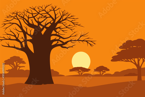 Beautiful baobab tree sunset sky nature view landscape background flat color vector illustration template design
