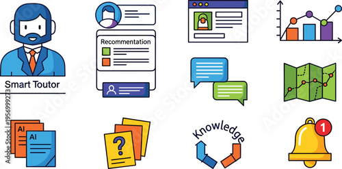 Online Education and Smart Learning Icon Set with Tutor Recommendation Chat Knowledge Graph and Notification Elements Vector Illustration Isolated on White Background
