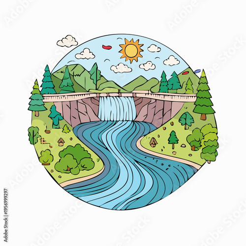 Scenic illustration of a dam with a waterfall and surrounding landscape under a sunny sky.