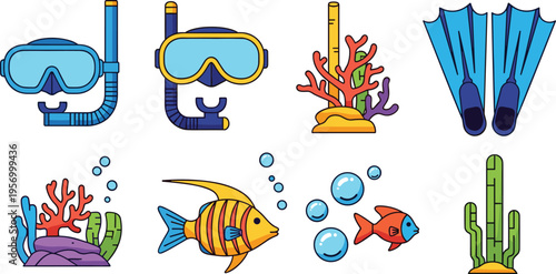 Scuba Diving and Underwater Marine Life Icon Set with Mask Snorkel Fins Coral Reef Fish and Ocean Elements Vector Illustration Isolated on White Background