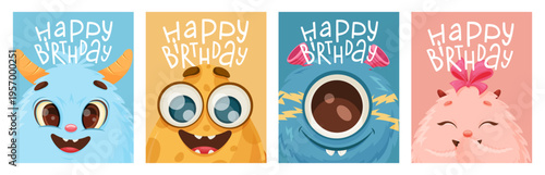 Happy Birthday. Set of Greeting card with cute monsters. playful horns, friendly