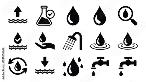 black and white icons of water droplets and related concepts on white background