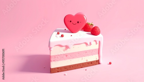 Cute Heart Cake Slice with Strawberries on Pink Background.