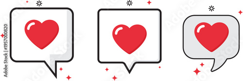 Three red hearts in speech bubbles with sparkles love