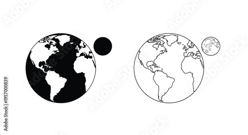 Two earths and moons depicted as a striking black silhouette