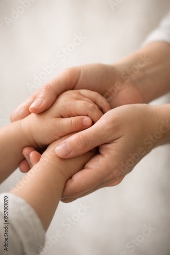 Adult holding child hands close up showing care support protection and family connection