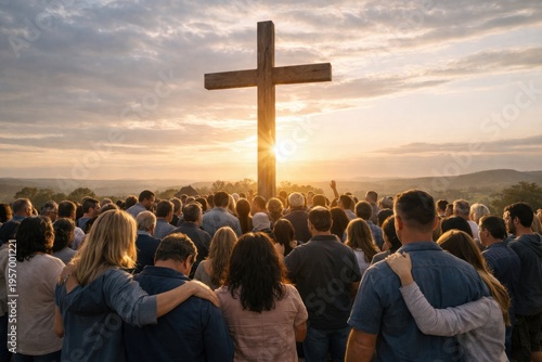 People gathered near cross at sunset praying together faith hope community spiritual unity scene

