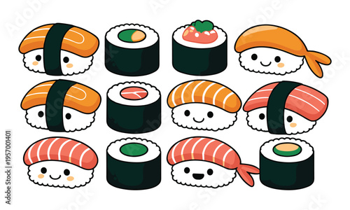 Set of  cartoon sushi icons vector