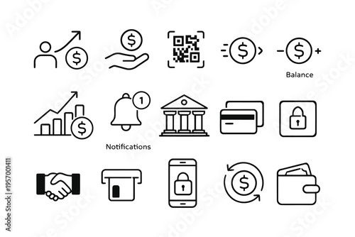 Illustrations depicting various financial and banking activities and concepts