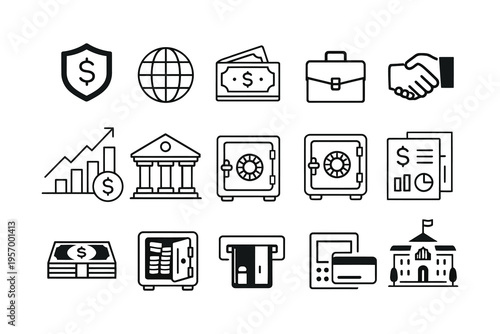 Icons representing various financial and banking concepts and services