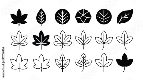 collection of leaf icons in black and white on white background