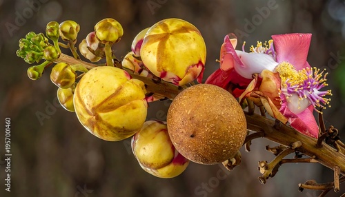 Cannonball Tree Flower and Fruit Close-up.