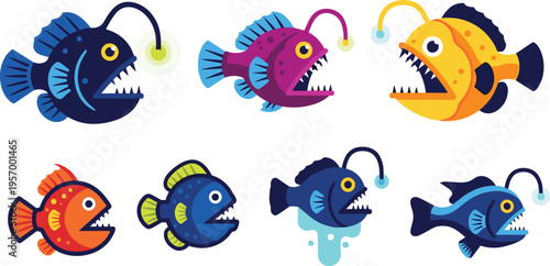 Anglerfish Cartoon Character Collection with Glowing Lure Deep Sea Predator Fish Set Colorful Marine Creatures Vector Illustration Isolated on White Background