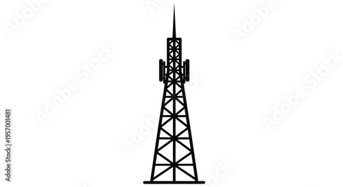 A tall communication tower stands prominently against a white background silhouette