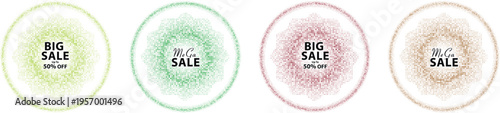 Four circular promotional sale badges with halftone dot patterns and discount text in four colors