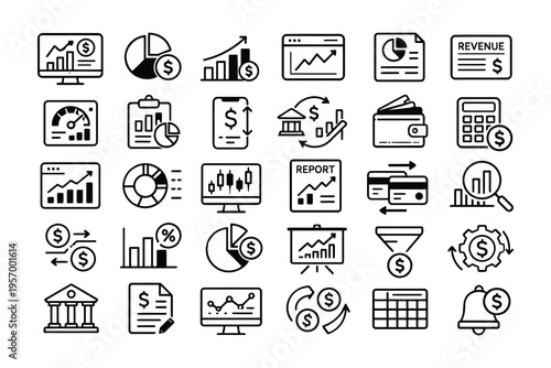 Comprehensive collection of financial and business analytics icons