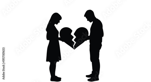 Couple holding broken heart pieces representing separation and loss silhouette